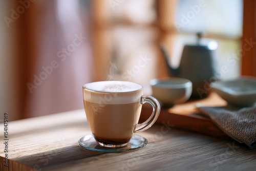 Hot hojicha latte in glass cup with creamy foam served on wooden café table in warm natural light, Selective Focus..