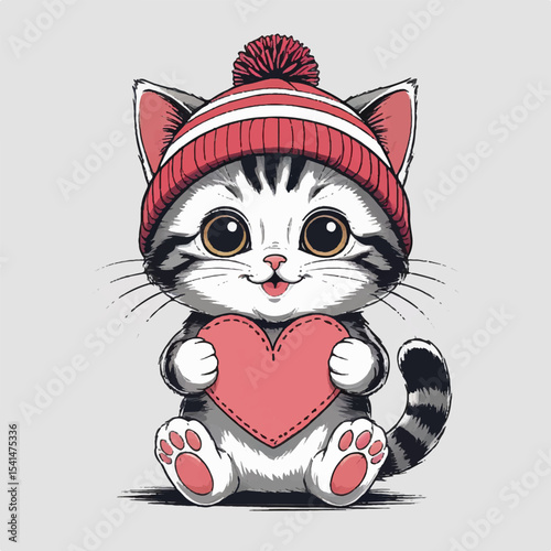 Illustration of a cute cartoon kitten wearing a winter hat and holding a heart in its hands