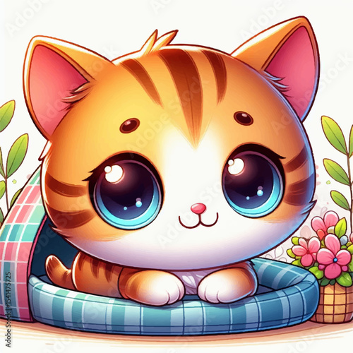 A cute, funny, happy cartoon cat illustration, full of fun and character, with a big smile and a wagging tail
