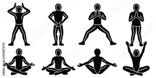 Black silhouettes of yoga poses demonstrating various exercise and meditation positions