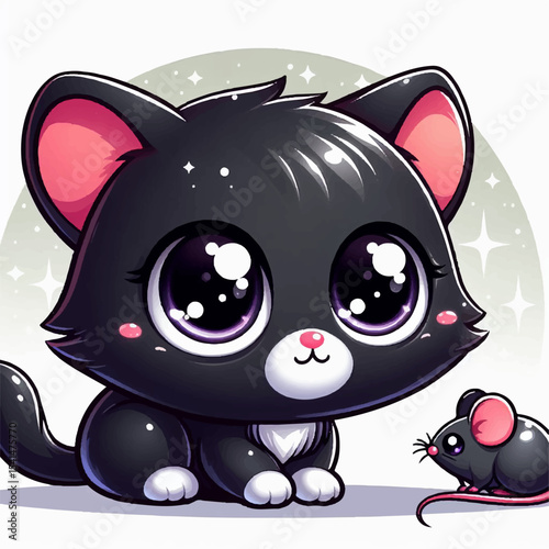 A cute cartoon black cat with big eyes plays with a mouse, a funny animal vector illustration