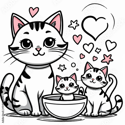 Cute cartoon vector illustration of loving white cats with a bowl