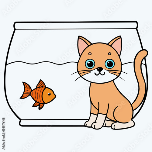A cute cartoon kitten with a happy smile enjoys a fish, a funny illustration for pet lovers