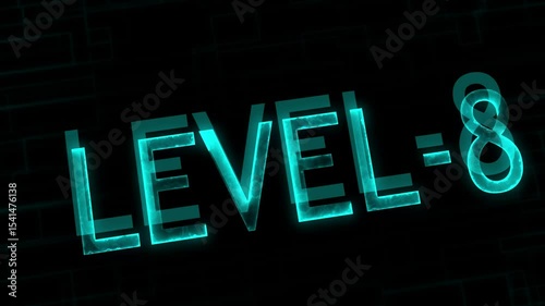 Level eight text font with neon line. Level-8 text glowing animation with technology background.