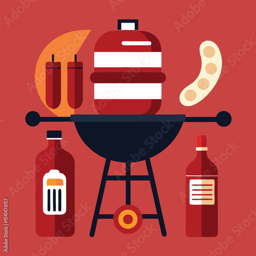 Stylized BBQ Grill Scene with Condiments and Fuel on a Red Background Perfect for Summer Cookouts and Outdoor Gatherings in a Retro Modern Style