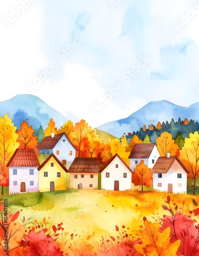 Captivating watercolor scene of a village in fall with vibrant autumn colors and charm