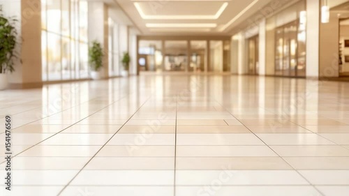 Bright empty shopping mall corridor with shiny tile floor and large windows letting in natural light creating calm spacious modern interior atmosphere with plants and storefronts visible in background