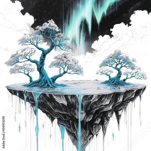 Floating island landscape with aurora borealis trees and waterfall fantasy art painting design