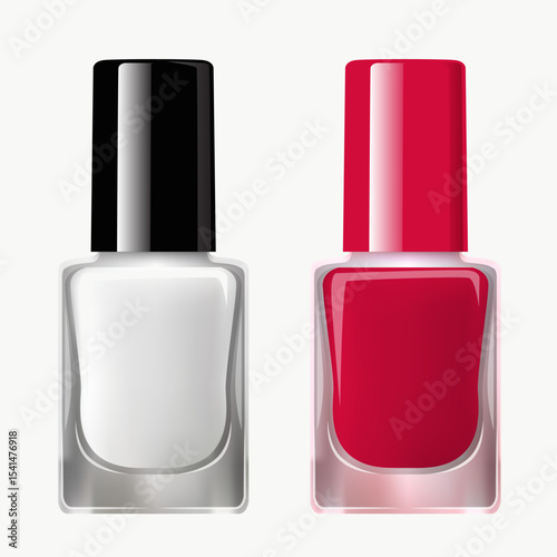 Vector set of realistic 3d bottles of nail polish isolated from background. White and red jars mockup of packages for branding, products. Cosmetic beauty product
