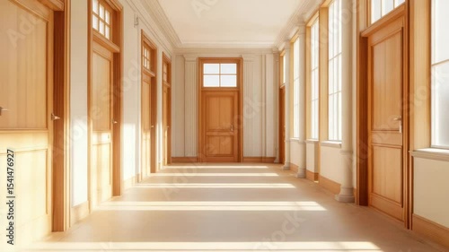 Sunlit hallway with wooden doors and tall windows casting shadows on floor, bright warm interior space with classic architecture in spacious corridor creating inviting atmosphere