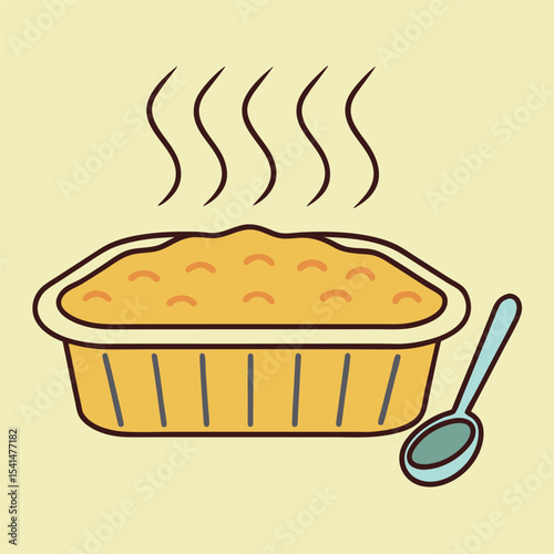 Cartoon Illustration of a Hot Baked Dish with Steam and a Spoon Perfect for Thanksgiving or Holiday Meal Themed Projects and Designs
