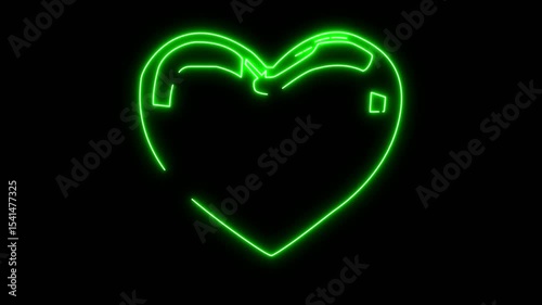 Glowing Neon blue green color love icon animation video transformation animation from outline to heart, shine love icon on black background, 4k Animation Video