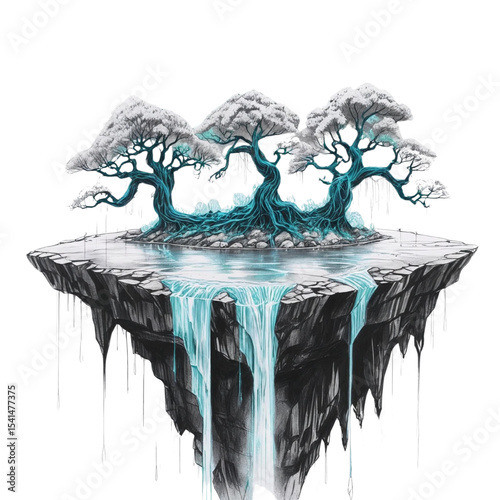 Floating island with waterfall and trees digital art landscape scenic fantasy illustration wallpaper 