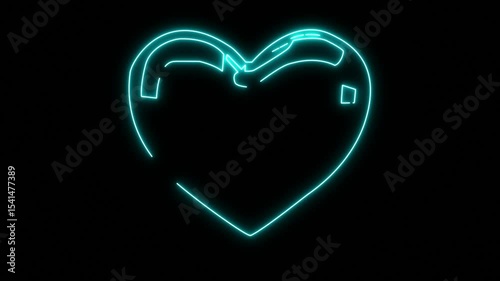 Glowing Neon blue green color love icon animation video transformation animation from outline to heart, shine love icon on black background, 4k Animation Video