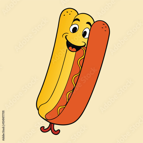 Cartoon Hot Dog Character with Smiling Face and Mustard Standing Upright on Toes Isolated on a Light Beige Background Simple and Fun Design