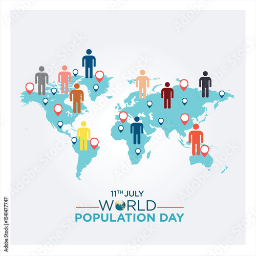 World Population Day. 11th July World Population day celebration banner, post with crowd of people from different ethnicity. The day focuses on polices and planning to control population issues. 