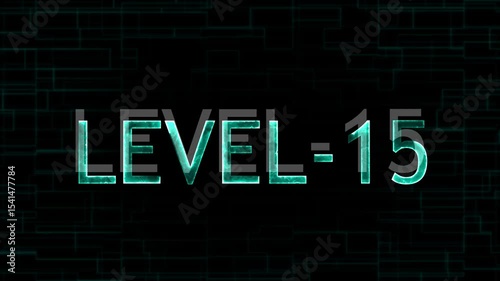 Level fifteen text font with neon line. Level-15 text glowing animation with technology background.
