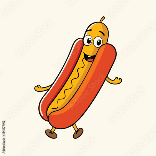 Cartoon Hot Dog Character with Mustard Bun and a Cheerful Expression Standing on a Light Beige Background Perfect for Food Related Designs and Children s