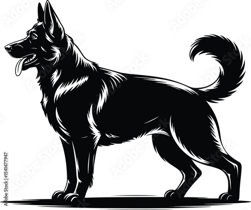  Vector Black German Shepherd Dog, Majestic K9 Breed Standing.