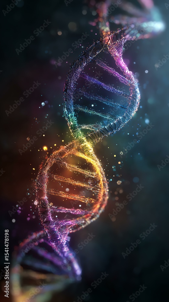 Obraz premium Vibrant DNA strand with glowing colors and sparkles