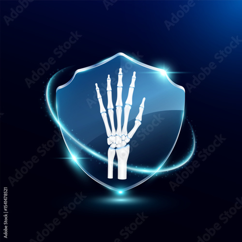 Wrist finger joint bone in translucent glass shield modern. Surrounded by glowing ring safety guardian. Human anatomy organ on blue background. Medical health care protection concept. Vector EPS10.