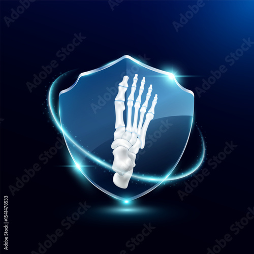 Toe joint bone in translucent glass shield modern. Surrounded by glowing ring safety guardian. Human anatomy organ on blue background. Medical health care protection concept. Vector EPS10.