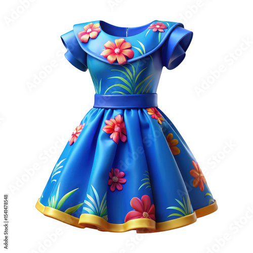 Blue dress with flowers and leaves pattern isolated on transparent background