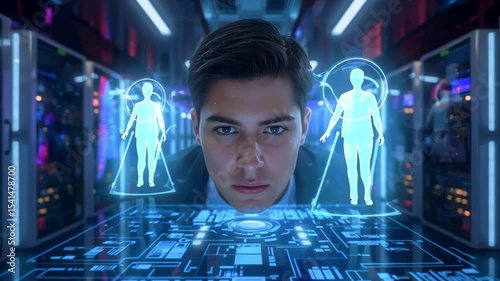 Young man analyzing holographic human figures in a futuristic tech lab with glowing interfaces