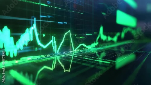A glowing digital stock market chart displays dynamic green financial graphs and data grids.