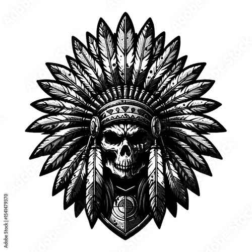 Grim skull in war bonnet, high detailed sketch art