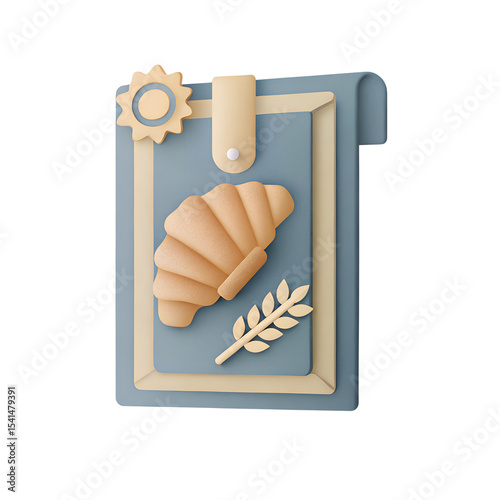 3D Icon, A blue card with a croissant, a wheat branch and a gear