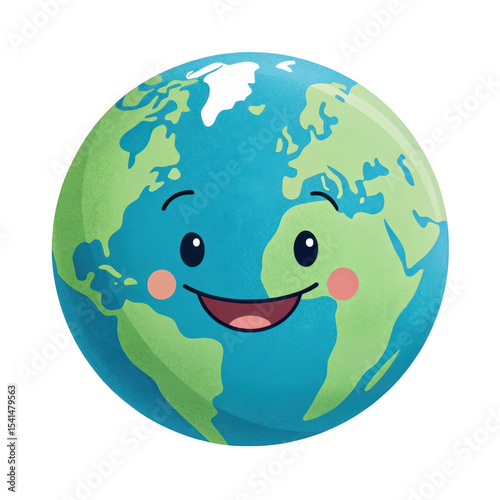 Cartoon earth with a happy face isolated on transparent background