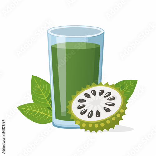 Fresh fruit juice beverage in a green glass with a lemon leaf illustration