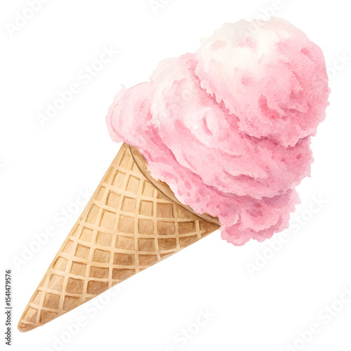 Fluffy pink cotton candy-flavored ice cream on a waffle cone, light and airy texture with pastel color, isolated on transparent background