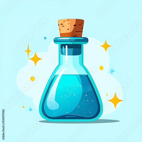 A vibrant blue liquid fills a glass Erlenmeyer flask sealed with a light brown cork stopper sparkling golden particles float within the liquid against a pale blue background stylized sparkles