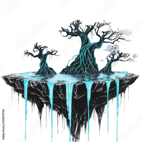Floating island with trees and waterfalls digital art fantasy landscape surreal nature illustration artwork 