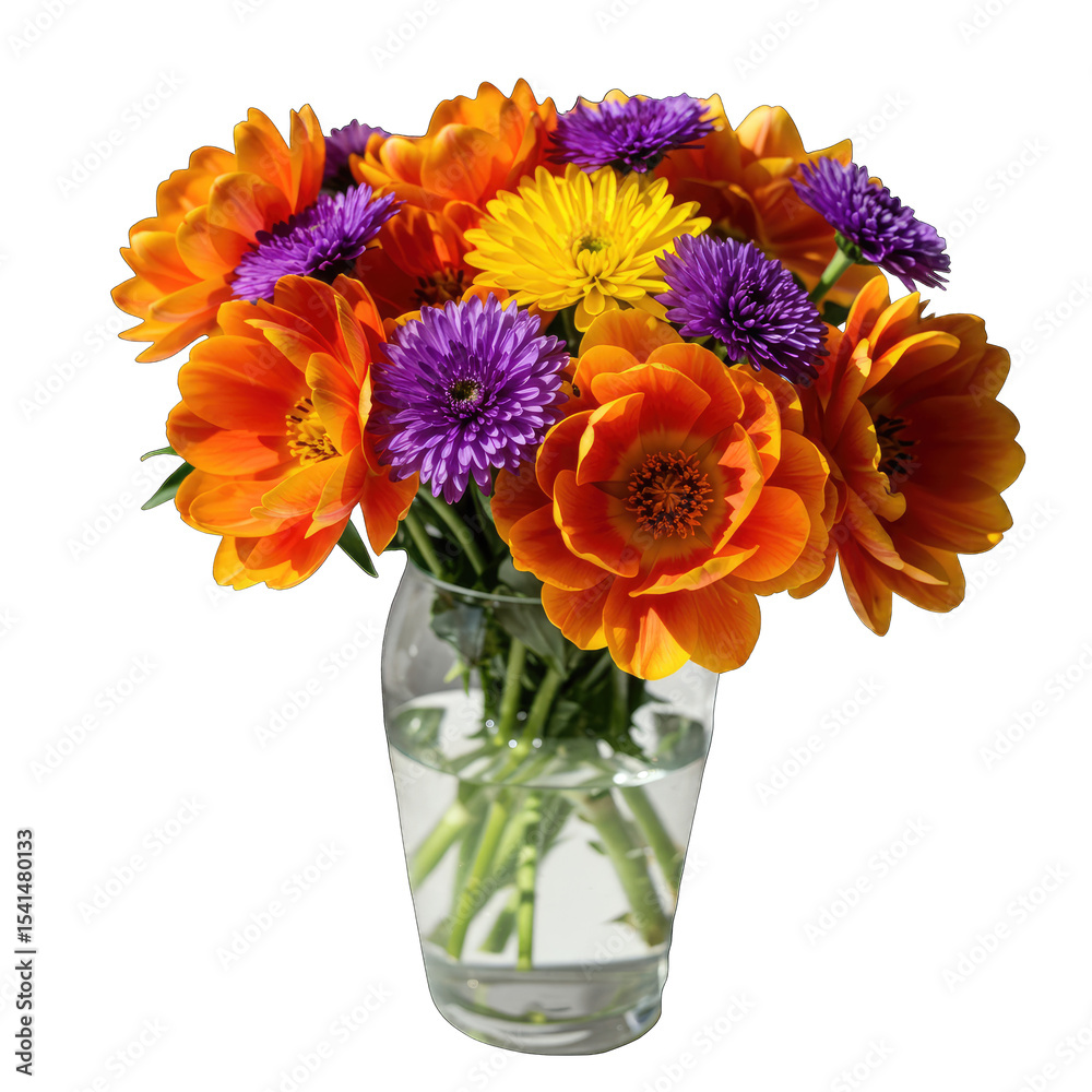 Fototapeta premium Vibrant Autumn Flower Bouquet: Orange, Purple, Yellow Chrysanthemums in Glass Vase
