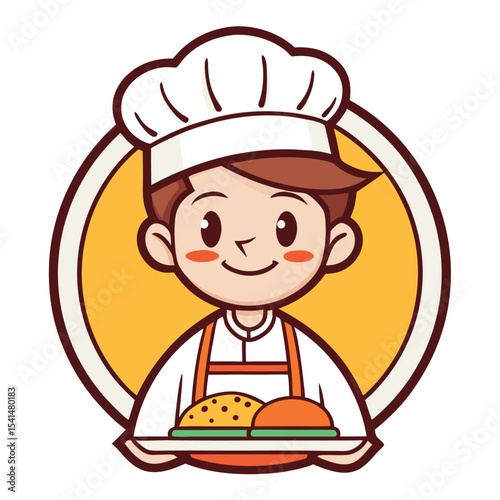 Cute Cartoon Chef Holding a Tray of Burgers Perfect for Restaurant Menus Food Blogs or Culinary Themed Designs Vector Illustration on White Background