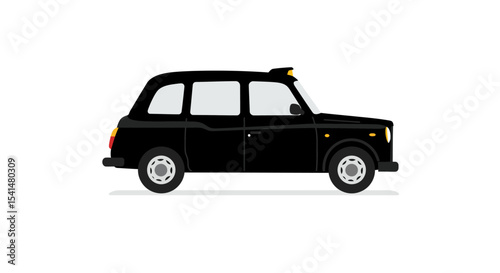 A black London taxi cab is displayed in a side view on a white background.