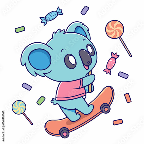 Delightful Amused Blue koala in a Birthday scene with riding a skateboard – Candy Shop vector illustration