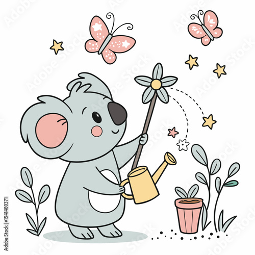 Delightful Dreamy Blue koala in a Spring garden scene with with a magic wand – Spring Garden vector illustration