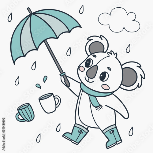 Delightful Loving Blue koala in a Rainy day scene with with a magic wand – Raindrop Calm vector illustration