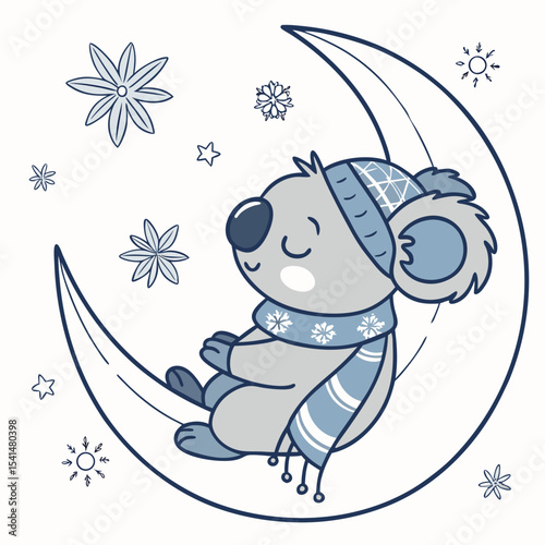 Sleepy Blue koala with sitting on a moon, set in a charming Cozy winter theme – Frosty Winter color vector art