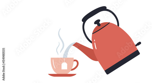A red kettle pouring steaming water into a teacup with a tea bag.