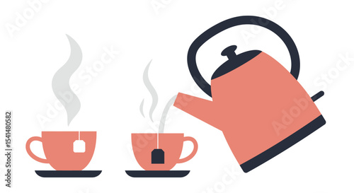 A teapot pours hot tea into two cups, each with a tea bag, and steam rising.