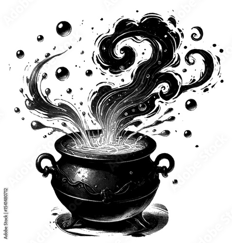 Dark swirling potion erupts from a cauldron high detailed sketch art