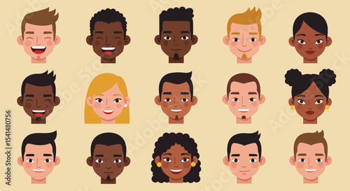 Collection of diverse cartoon faces expressing various emotions.