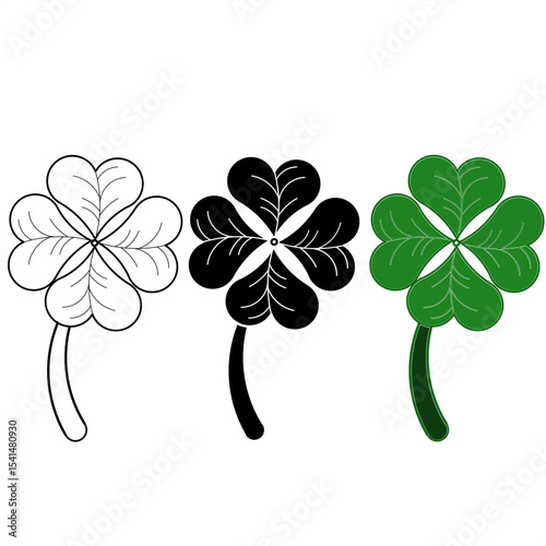 Three four-leaf clover illustrations in outline, solid black, and green styles. A lucky leaf symbol representing fortune, hope, and happiness.
