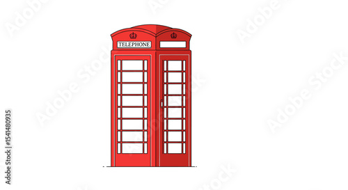 Classic red British telephone booth, detailed illustration, isolated on white background.