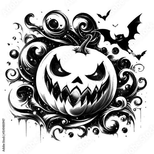 Menacing jackolantern amidst swirling bats, high detailed sketch art